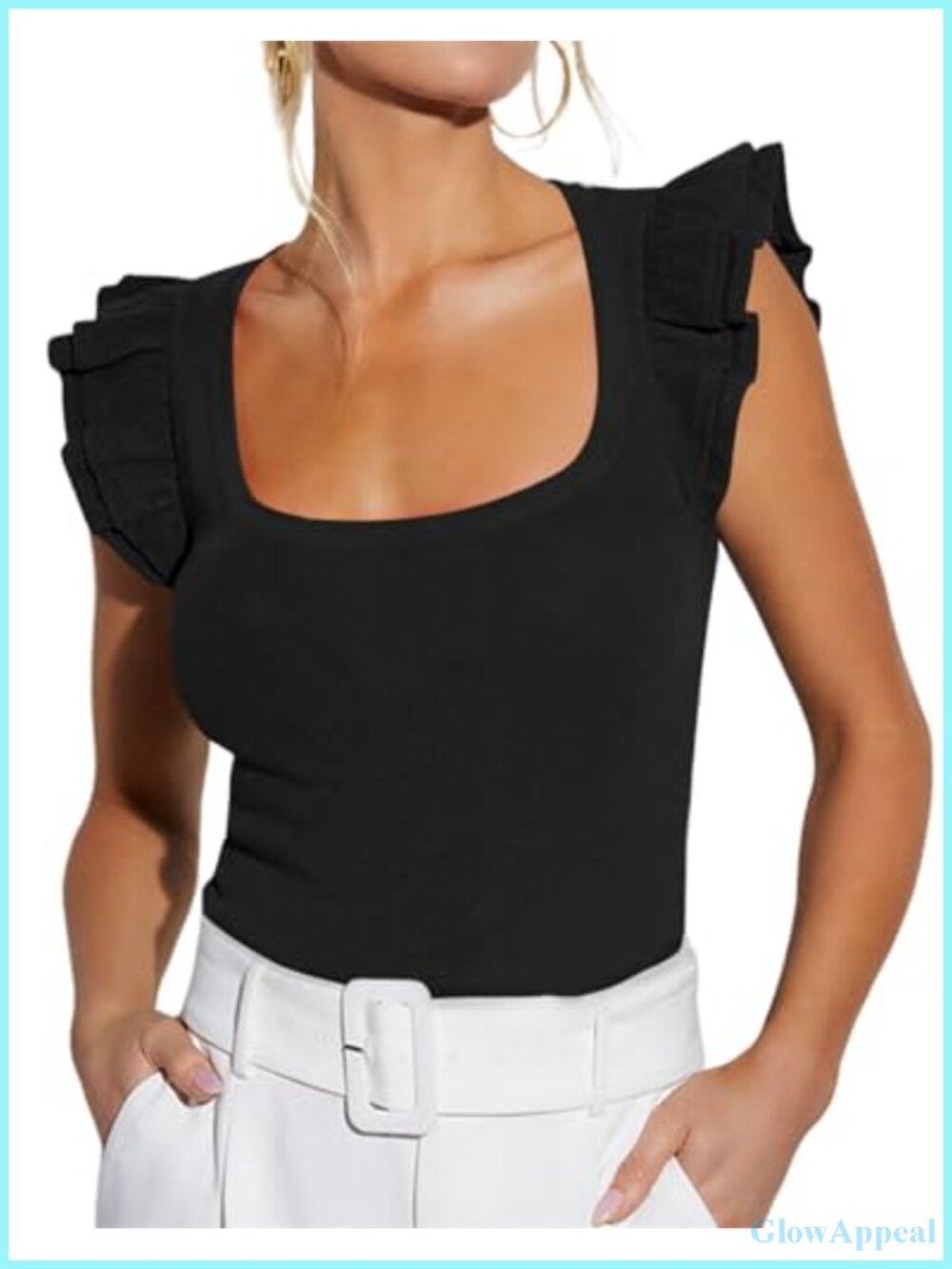 Square Neck Ruffle Sleeve Ribbed Tank Top - 92% Rayon Stretch - Picture 1 of 5
